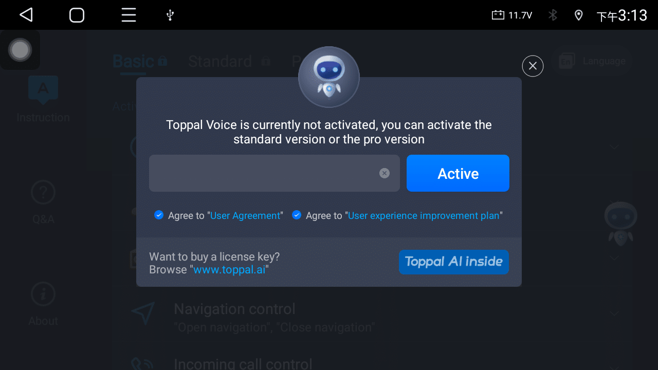 Schermata di attivazione dell'app Toppal Voice che mostra il campo di inserimento del codice di attivazione